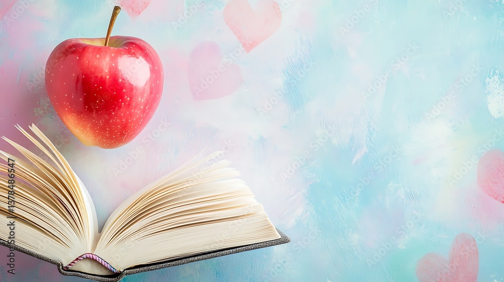 A heartfelt Teacher Appreciation Day background with an open book, apple, and chalkboard doodles on a soft pastel backdrop