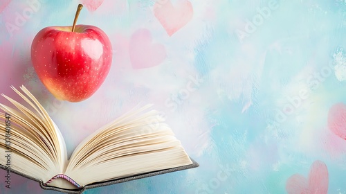Obraz na płótnie A heartfelt Teacher Appreciation Day background with an open book, apple, and chalkboard doodles on a soft pastel backdrop w salonie