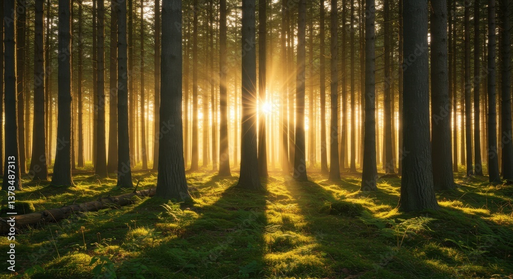 Fototapeta premium Golden Hour Sunlight Illuminates Serene Pine Forest