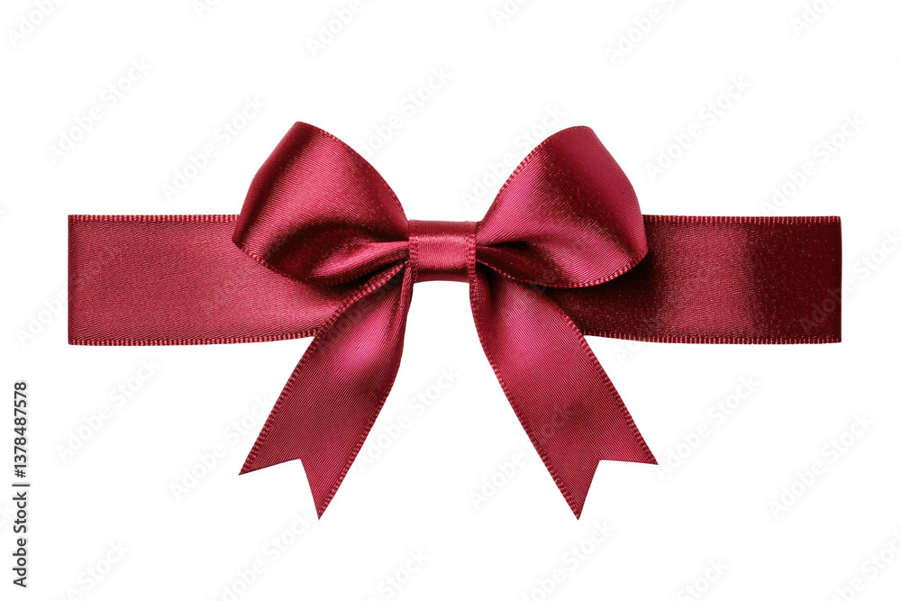 Fototapeta premium Elegant red satin ribbon bow with tied knot and horizontal band on black background, cut out