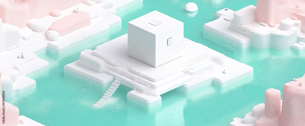 A stylized, minimalistic landscape with a cube structure, pastel colors, and water A stylized, minimalistic landscape with a cube structure, pastel colors, and water