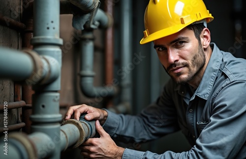 Industrial worker wearing hard hat inspects pipes. Man in work clothes examines machinery, checks industrial equipment. Maintenance worker, construction engineer performs his job in factory. Pro job.