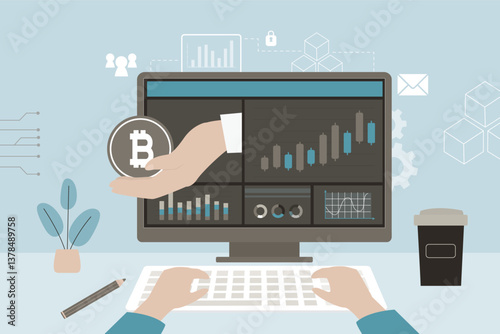 Bitcoin, cryptocurrency and blockchain technology. Trader analyzes crypto market chart. Global stock exchanges index. Hand gives bitcoin from monitor.