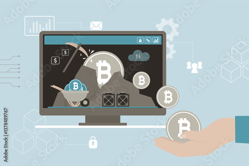 Mining bitcoin, collect money in digital wallet. Businessman trader holds cryptocurrency. Miner extracting crypto coins. Screen with bitcoin or cryptocurrency mining