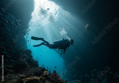 Wallpaper Mural Divers exploring underwater cave with sunbeams and coral reef Torontodigital.ca
