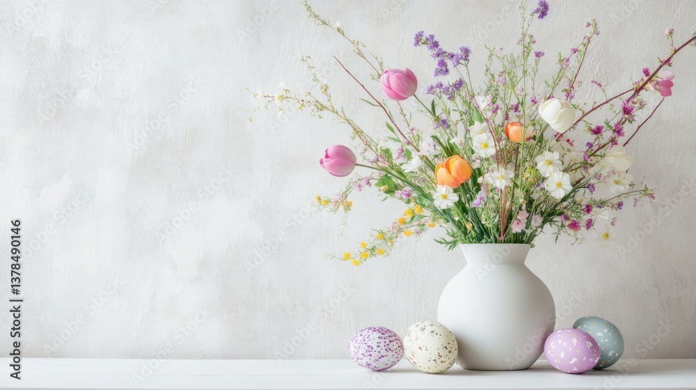 Pastel spring bouquet in a vase with Easter eggs Pastel spring bouquet in a vase with Easter eggs