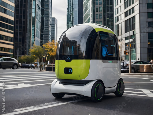 Self-Driving Vehicle in Urban Landscape: A futuristic self-driving vehicle navigates a city intersection, embodying innovation and sustainable transport amidst a backdrop of modern buildings. 