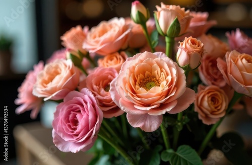 Peach and Pink Roses in Full Bloom