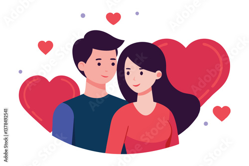 Flat Cartoon Couple with Heart Shapes Isolated on a White Background