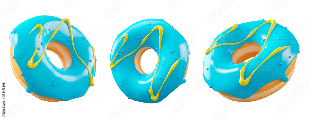 Naklejka premium Donuts with blue blueberry glaze, sprinkles, white drizzle, and dots isolated on white transparent background. 3d rendering and illustration of dessert variety