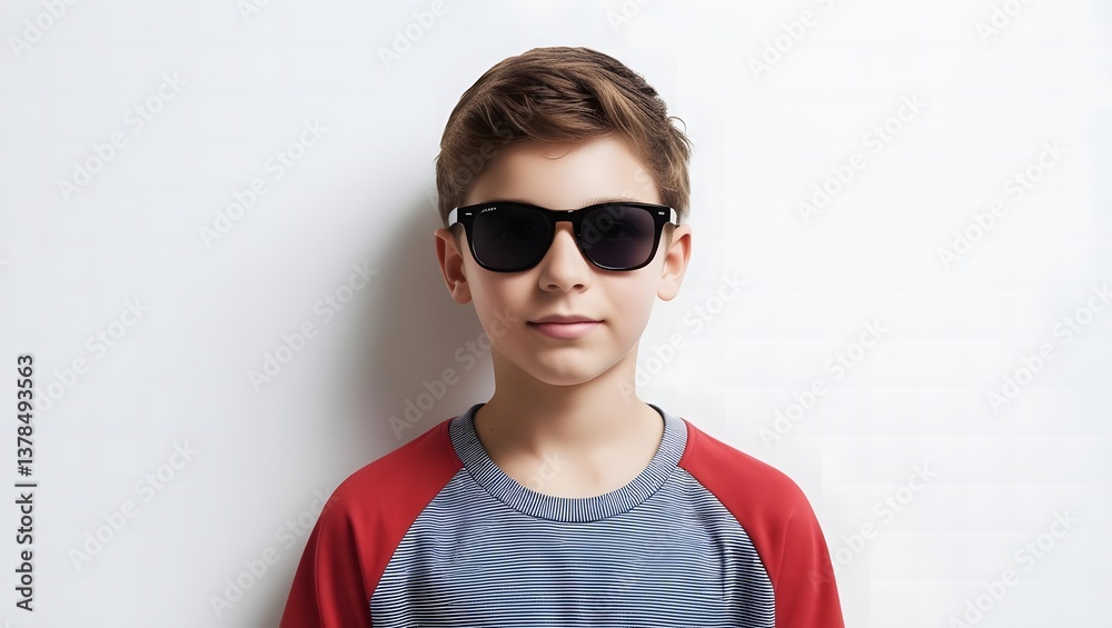 Young boy with sunglasses in front of a white wall wearing a red and grey striped shirt showing his youthfulness and innocence Young boy with sunglasses in front of a white wall wearing a red and grey striped shirt showing his youthfulness and innocence