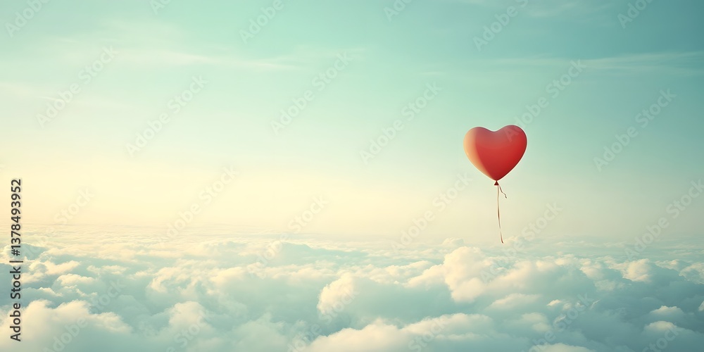 Fototapeta premium Heart Shaped Balloon Floating Above Soft Clouds in Blue Sky