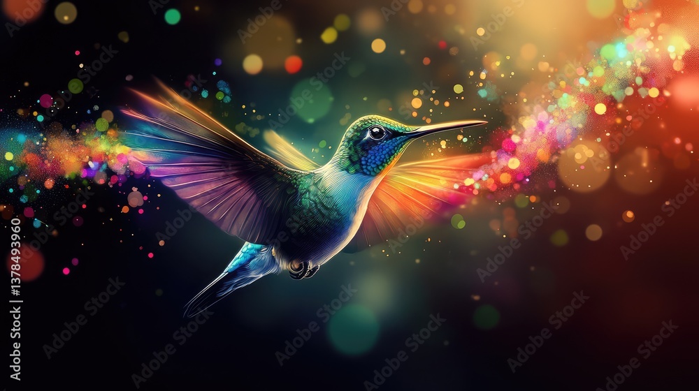 Fototapeta premium A vibrant, digitally rendered hummingbird is depicted mid-flight against a dark background