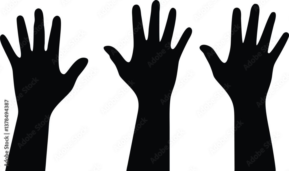 Three Raised Hands Silhouette on Transparent Background Simple Design Flat Style Three Raised Hands Silhouette on Transparent Background Simple Design Flat Style