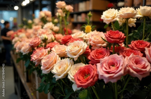 Vibrant Roses in a Florist Shop Display Viewing