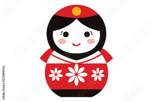 Flat Matryoshka Doll with Red Headdress and Floral Design on White