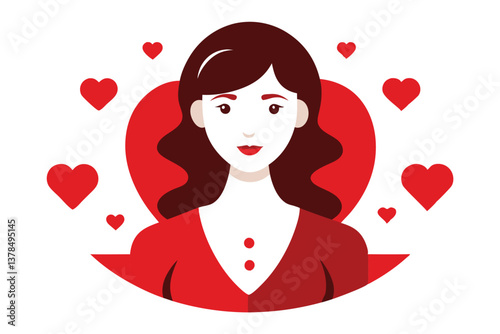 Flat Portrait of Woman with Bob Haircut, Red Dress and Hearts on White