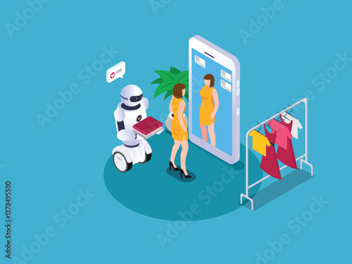 AI Powered Virtual Fitting Room - 3D Isometric Illustration
