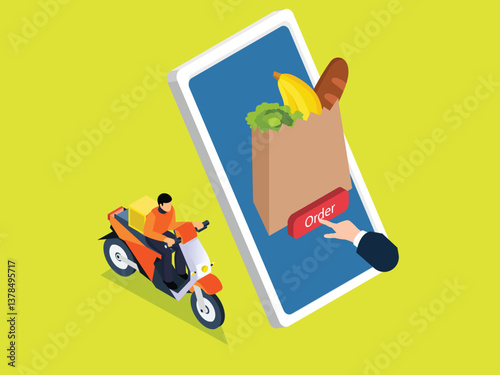 Online Grocery Order and Delivery - 3D Isometric illustration
