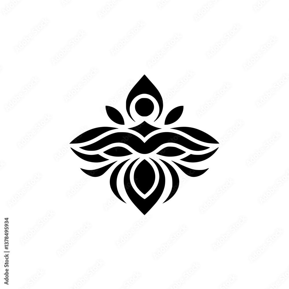 Elegant Black Floral Motif on White: Geometric Design Element Elegant Black Floral Motif on White: Geometric Design Element