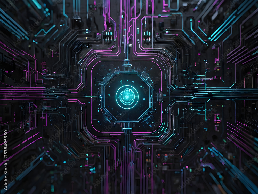 Cybernetic Core: Abstract circuit board with glowing lines creating a cyberpunk vibe. Cybernetic Core: Abstract circuit board with glowing lines creating a cyberpunk vibe.
