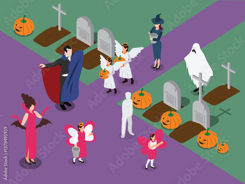 Halloween Costume Party in a Cemetery - 3D Isometric