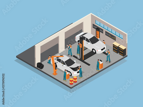 3D Isometric Car Service Garage Workshop