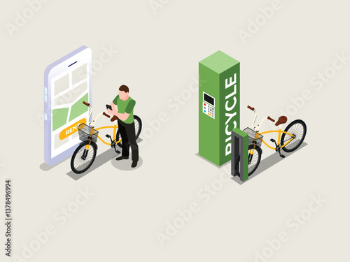 3D Adobe Stock Short Description:Isometric illustration depicting a modern bicycle rental system