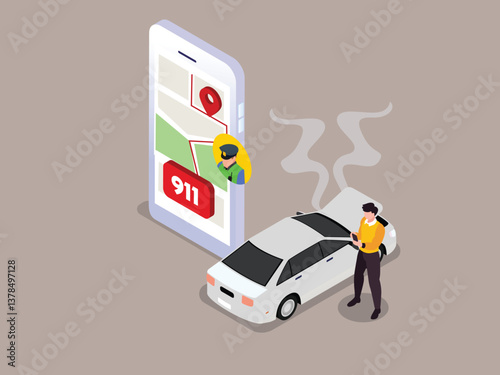 Isometric illustration of a person standing next to a smoking car with the hood open, using a smartphone app to call for emergency roadside assistance