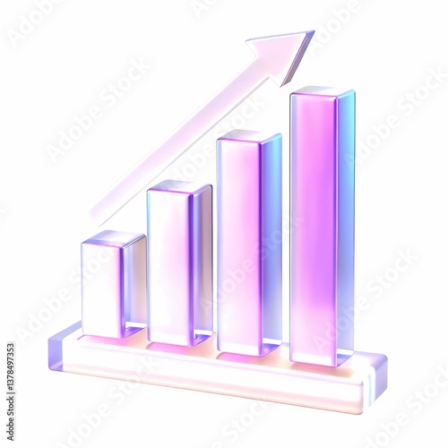 3D gradient bar graph with upward arrow. Vibrant bars in gradient shades of purple, pink, and blue, ascending in height. Abstract representation of growth, success, and data trends. 3D illustration.