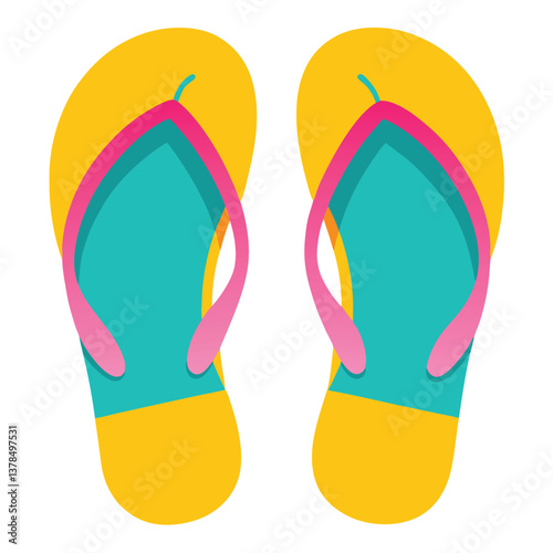 Flip Flops Pair with Yellow, Teal, Pink Straps Isolated on Transparent Background