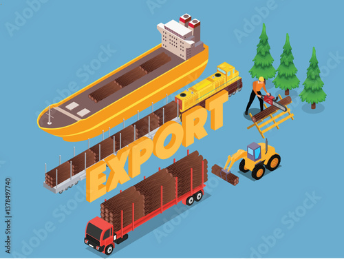 3D Isometric Exporting Wood - Global Logistics Network