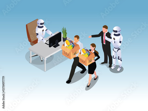 Workplace Automation and Job Displacement - 3D Isometric Illustration
