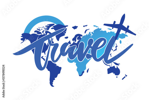 Blue 'Travel' Text Over World Map with Airplane on White Background