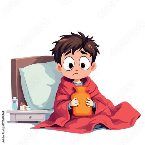 Sick child sitting in bed holding hot water bottle