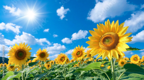 ひまわり畑と青空の夏の自然風景