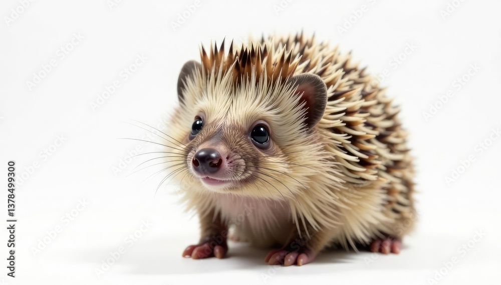 Brown hedgehog, alert, facing forward, white backdrop, photography, image Brown hedgehog, alert, facing forward, white backdrop, photography, image
