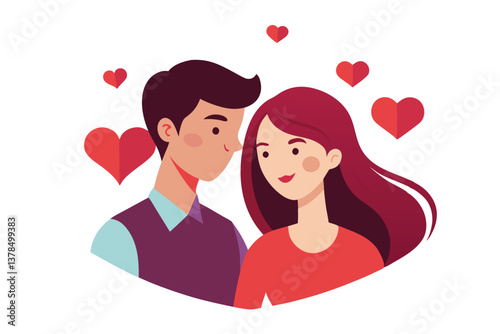 Happy Young Couple Portrait Surrounded by Hearts on a White Background Flat