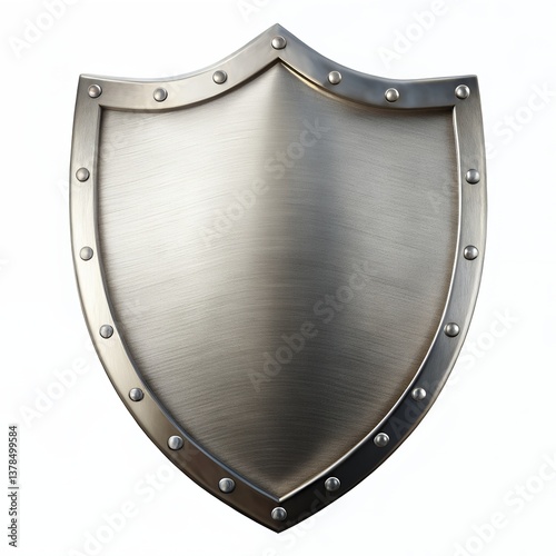 A stalwart metal shield, a symbol of unwavering protection and steadfast resilience, gleaming with a brushed steel finish and studded border.