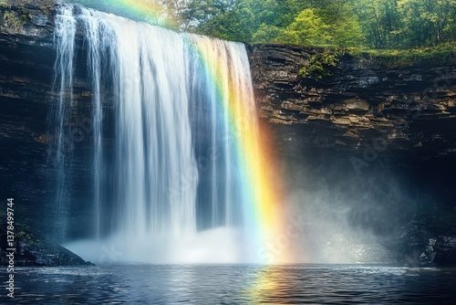 Waterfall cascades into serene lake creating a rainbow effect in a lush forest setting