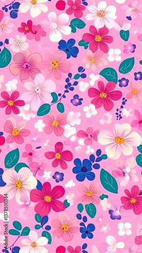 Hand-drawn floral illustration Playful pastel wallpaper Vibrant floral pattern with diverse flowers on a pink background.