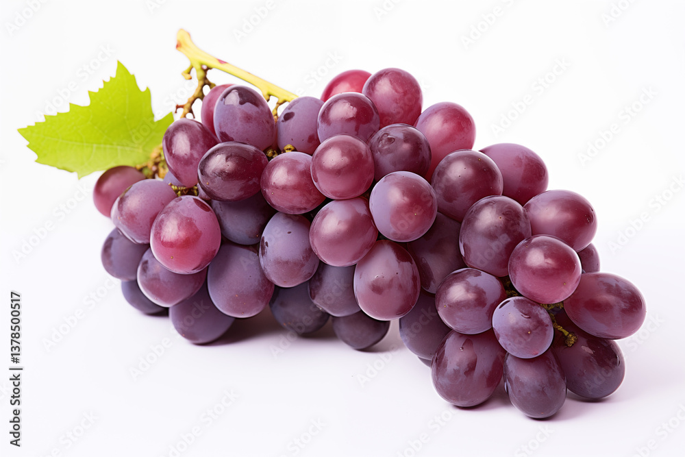 Fototapeta premium Fresh Bunch of Red Grapes with Leaf on White Background