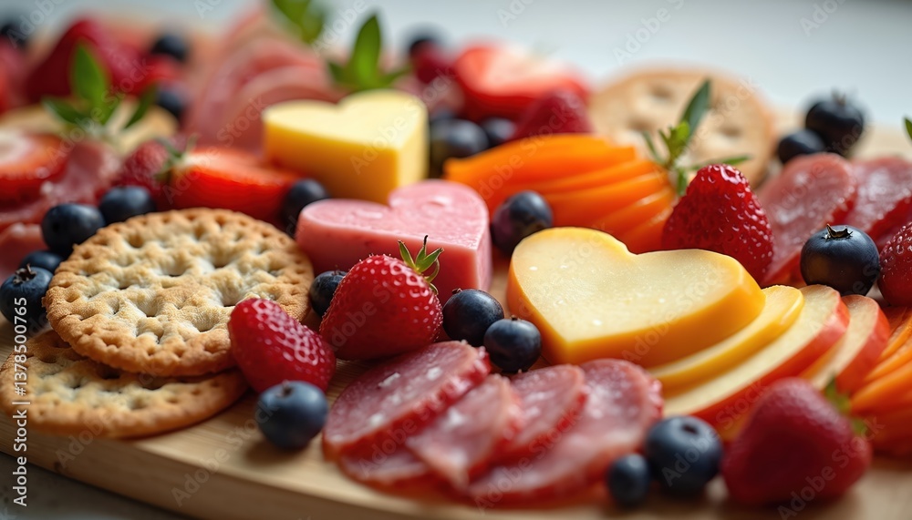 Romantic charcuterie board featuring heart-shaped cheeses, colorful fruits, tasty crackers. Arrangement includes strawberries, blueberries, salami, orange slices. Appetizing snack platter for Romantic charcuterie board featuring heart-shaped cheeses, colorful fruits, tasty crackers. Arrangement includes strawberries, blueberries, salami, orange slices. Appetizing snack platter for