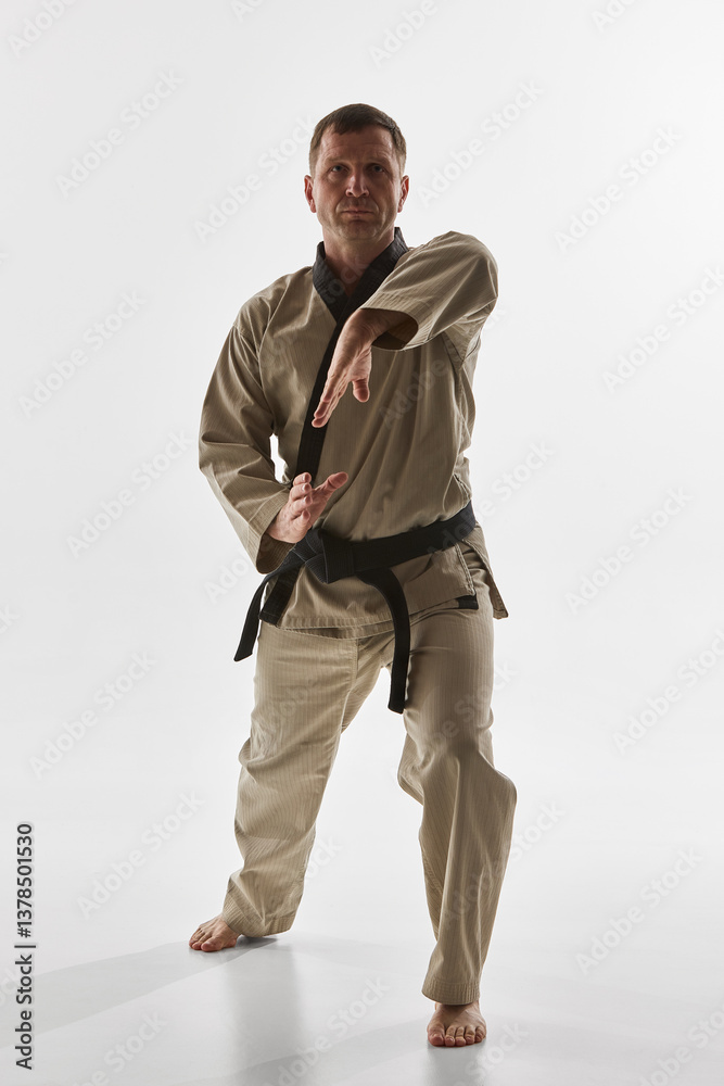Martial artist, man in forward stance with extended arm ready to strike, demonstrating taekwondo technique against white background. Concept of combat sport, action, defense, focus, strength, movement Martial artist, man in forward stance with extended arm ready to strike, demonstrating taekwondo technique against white background. Concept of combat sport, action, defense, focus, strength, movement
