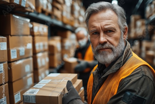 Senior Warehouse Worker Managing Logistics and Inventory with Boxes in an Organized Industrial Storage Space