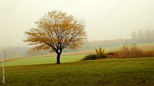 Wallpaper Mural A solitary tree with autumn leaves stands in a foggy field, surrounded by vibrant foliage and mist Torontodigital.ca