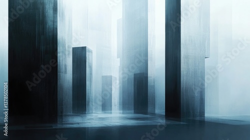 Mysterious cityscape with towering structures enveloped in soft