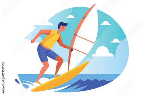 Man Windsurfing with Yellow Sailboard on Blue Water and Sky