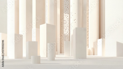 Minimalist urban landscape showcasing white geometric structures