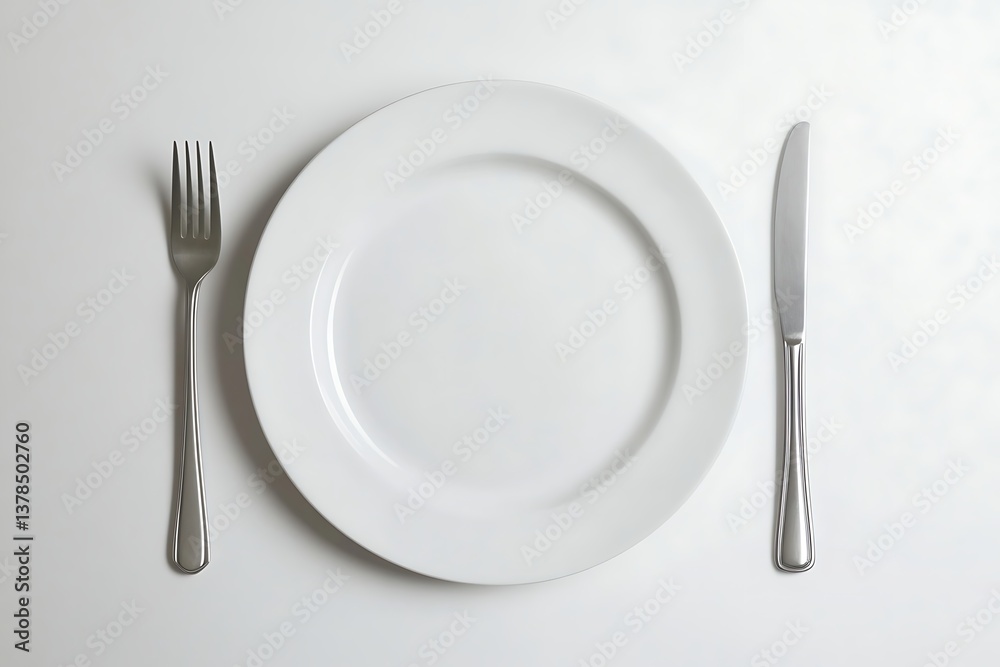 Elegant white plate setting with knife and fork on table for dining, eating and serving Elegant white plate setting with knife and fork on table for dining, eating and serving